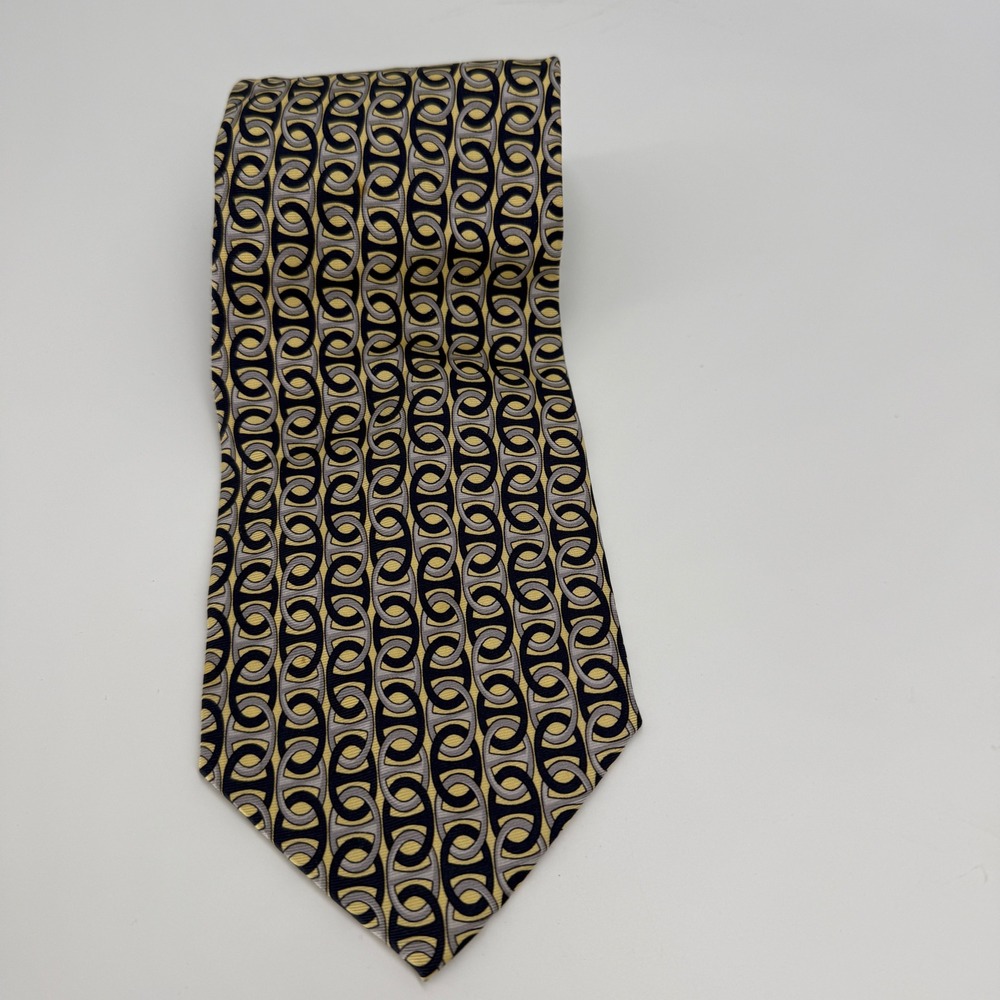 Paolo Gucci Mens Silk Necktie Yellow Black Silver‎ Geometric Chain Link Pattern